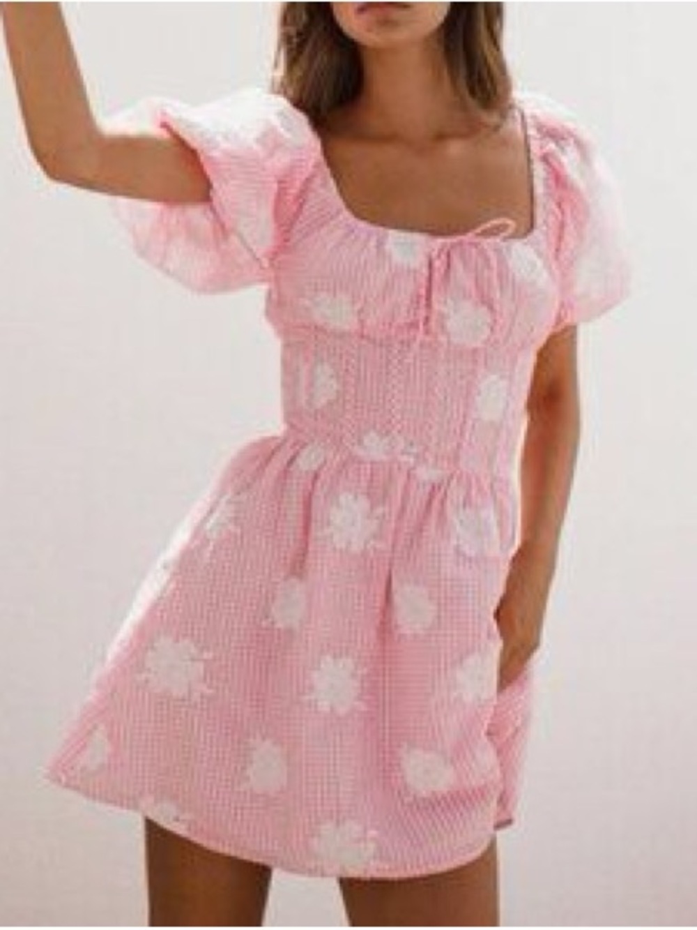 Pink Gingham Puff Sleeve Mini Dress with White Floral Accents